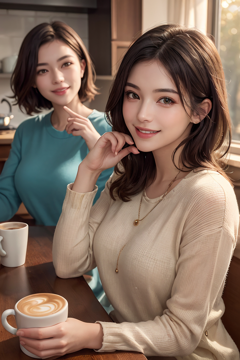 2girls women sitting at a kitchen table drinking coffee in large modern luxury home casual clothing love warmth caring com...